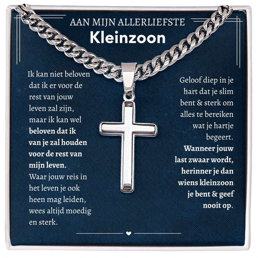 Aan mijn lieve kleinzoon - Zilveren ketting met hanger kruis