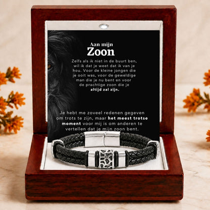 Aan mijn Zoon - Gevlochten zwarte armband met bedels - Het meest trotse moment