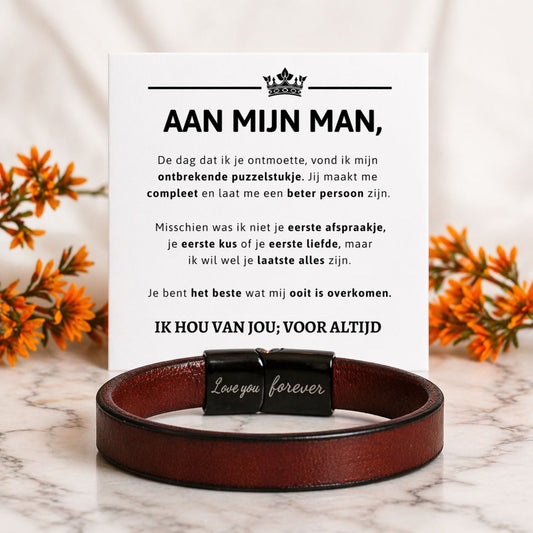 Aan mijn Man - Bruine leren armband